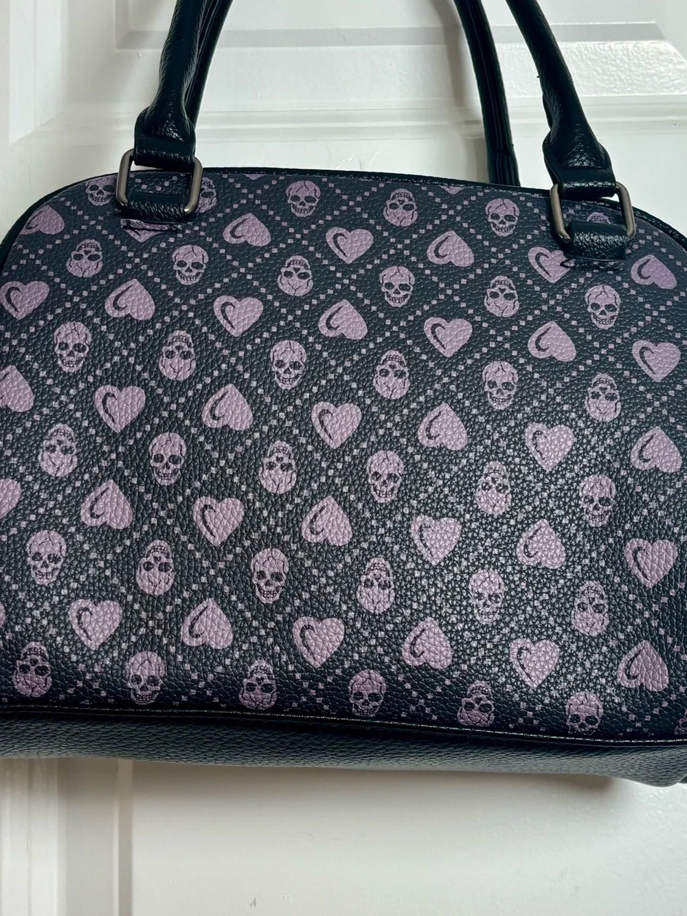Ed Hardy Black Pink Rhinestone Skull Heart Bowler-Style Satchel Handbag